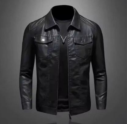 Men's Vintage Black Faux Leather Biker Jacket – Waterproof, Custom Sizes