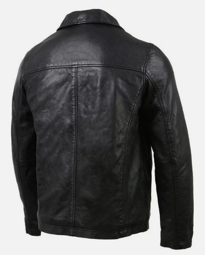 Men’s Black Leather Jacket Classic Zip‑Front Shirt Collar Real Leather Coat