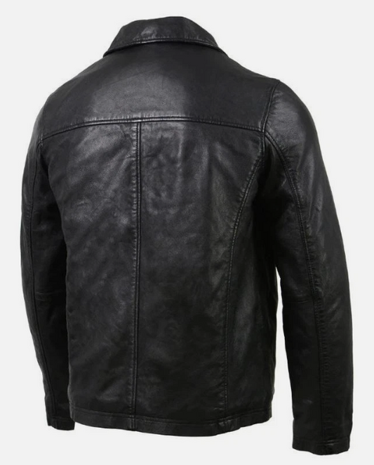 Men’s Black Leather Jacket Classic Zip‑Front Shirt Collar Real Leather Coat