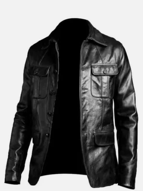 Men’s black faux leather biker jacket front view