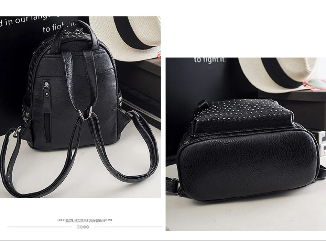 New Luxury Fashion Trend Leather Backpack Women Rivet Design Shoulder Bags Ladies Casual Woven Pattern Travel Small Backpacks