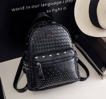 New Luxury Fashion Trend Leather Backpack Women Rivet Design Shoulder Bags Ladies Casual Woven Pattern Travel Small Backpacks