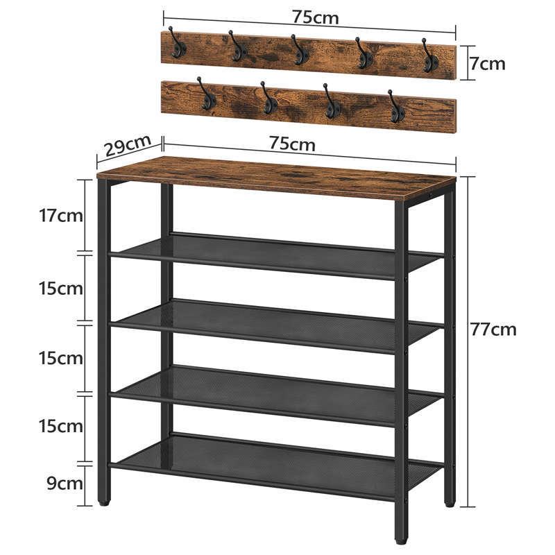4-Tier Rustic Wooden & Metal Shoe Rack – Entryway Organizer with Coat Hooks