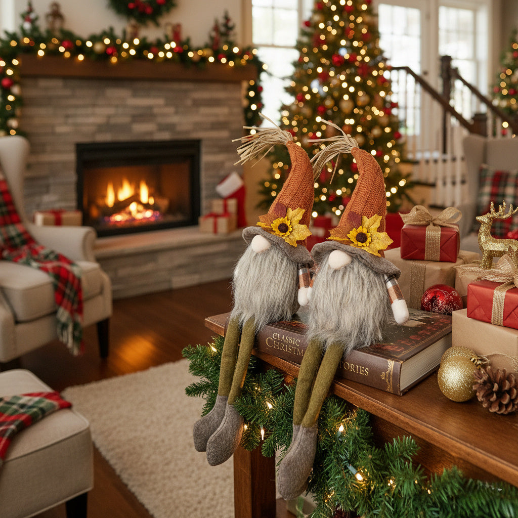 2PCS Set Christmas Gnome Decorations 5.5x3.5x20.5in Fabric Sitting Gnomes With Orange Hat & Maple Leaf Ideal For Fall Harvest & Thanksgiving Decor