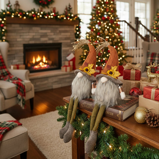 2PCS Set Christmas Gnome Decorations 5.5x3.5x20.5in Fabric Sitting Gnomes With Orange Hat & Maple Leaf Ideal For Fall Harvest & Thanksgiving Decor