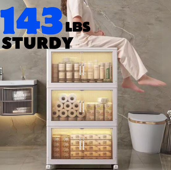 Collapsible Storage Bin (3-Layer) | Foldable Clothes Organizer with Clear Front Door | Stackable Beige Container