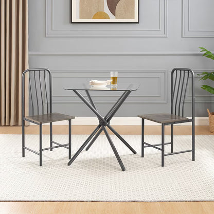 Modern Black & Brown Dining Set for Two | Tempered Glass Top Table with Metal Chairs | Small Space Furniture