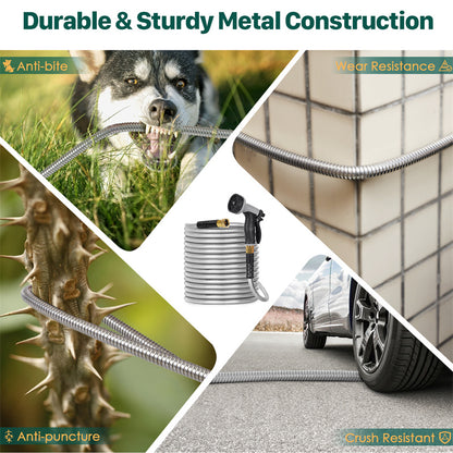 100ft Stainless Steel Metal Garden Hose with Adjustable Spray Nozzles