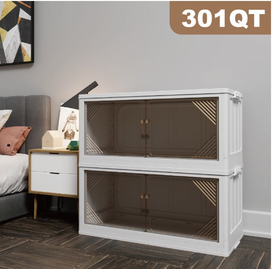 Collapsible Storage Bin (3-Layer) | Foldable Clothes Organizer with Clear Front Door | Stackable Beige Container