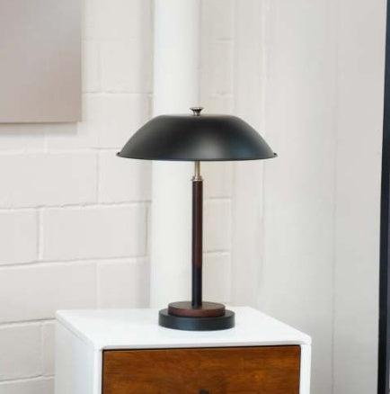 Modern Black Umbrella Table Lamp | Walnut Solid Wood Base & Metal Dome Shade | Decorative Nightstand/Desk Light (18" H)