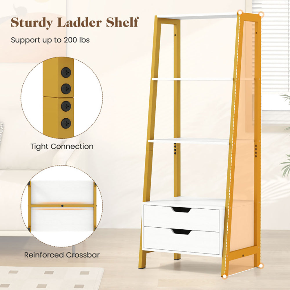 4-Tier Ladder Shelf with 2 Drawers – 52.5” Freestanding Bookcase for Living Room & Office