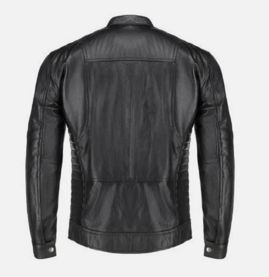 Decorative back padding detail on a men's cowhide leather café racer jacket