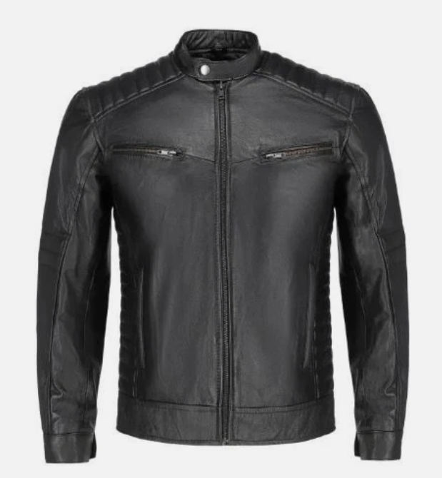 Men's cowhide leather café racer jacket, front view - Al-Noor Bazaar
