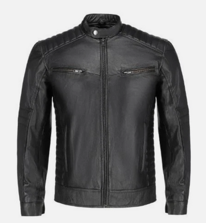 Men's cowhide leather café racer jacket, front view - Al-Noor Bazaar