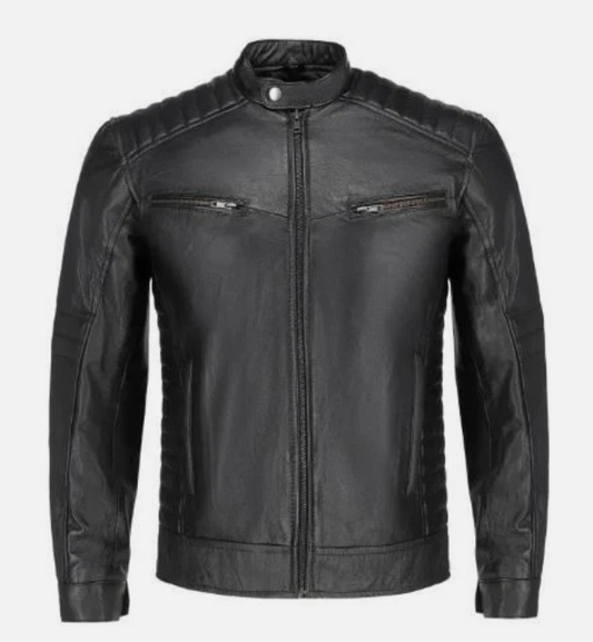 Men's cowhide leather café racer jacket, front view - Al-Noor Bazaar