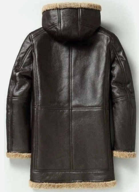 Men's genuine cowhide long winter coat with faux shearling lining, full back view, Al-Noor Bazaar
