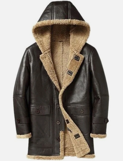 Men's genuine cowhide long winter coat with faux shearling lining, full front view, Al-Noor Bazaar