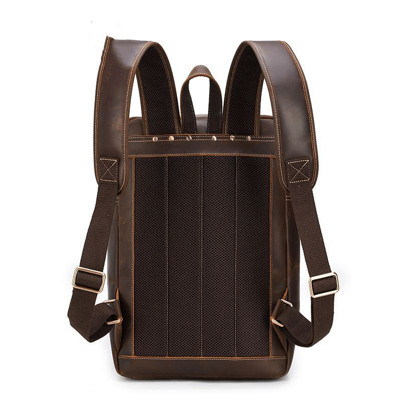 Back view of crazy horse leather travel backpack showing air-cushion padded shoulder straps