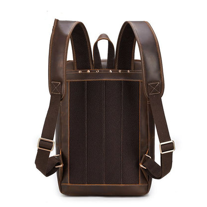 Back view of crazy horse leather travel backpack showing air-cushion padded shoulder straps