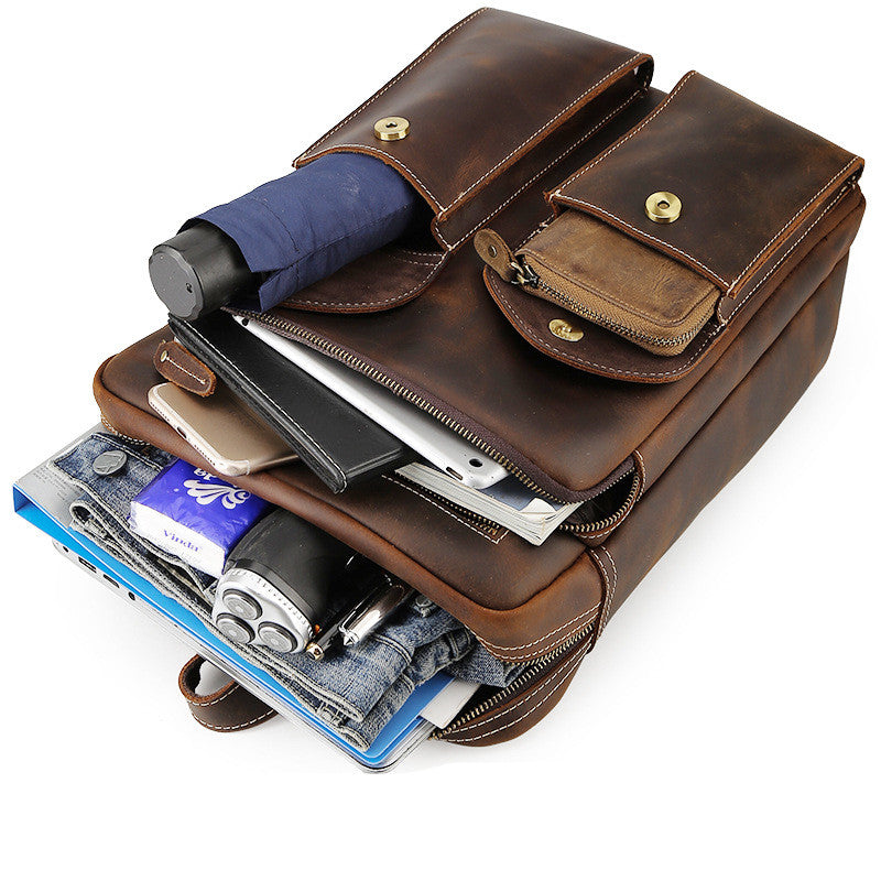 Interior view of crazy horse leather travel backpack showing polyester cotton lining