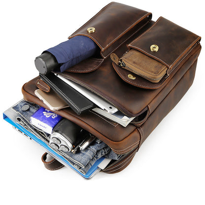 Interior view of crazy horse leather travel backpack showing polyester cotton lining