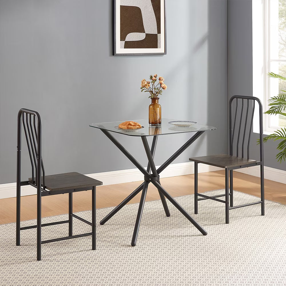 Modern Black & Brown Dining Set for Two | Tempered Glass Top Table with Metal Chairs | Small Space Furniture