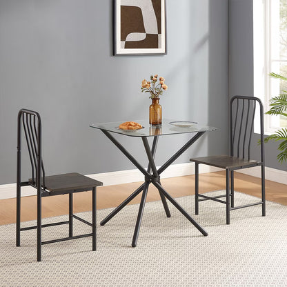 Modern Black & Brown Dining Set for Two | Tempered Glass Top Table with Metal Chairs | Small Space Furniture