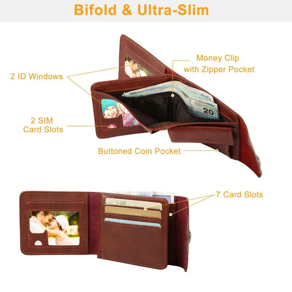 Men's Wallet PU Leather Bifold Purse Slim RFID Blocking Card Holder Cases W/ 2 ID Window Coin Pocket