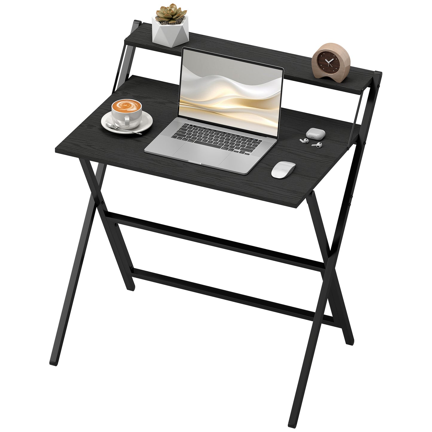 Folding Computer Desk, 32 Foldable Desk With Monitor Shelf For Small Space, Home Office, Study, Easy Assembly, Black