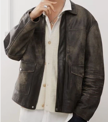 Men's distressed genuine leather trucker jacket, front view - Al-Noor Bazaar