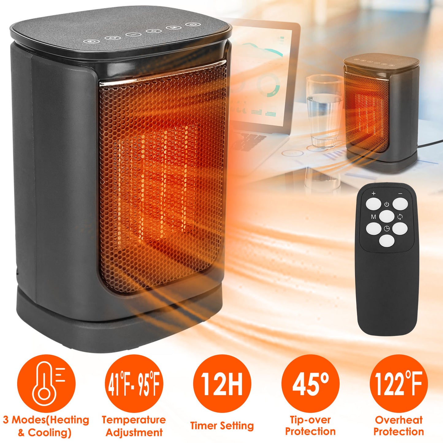 Electric Space Heater 1500W, Ceramic Heater Fan 90 Degree Oscillating Heating Fan With 3 Modes Remote Control Digital Display Tip-over Overheating Protection For Home Office