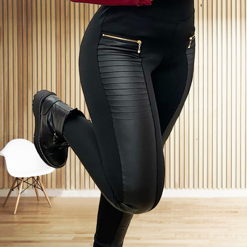 Plus Size Women's Faux Leather Splice Pants With Zip Detail Slim Fit Trousers For Spring&Fall