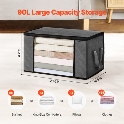 90L Large Storage Bags, 6 Pack Clothes Storage Bin, Foldable Closet Organizers Containers With Handle, Nov-woven Fabric Storage Bag For Clothing, Blanket, Comforter, Bed Sheet, Pillow Grey
