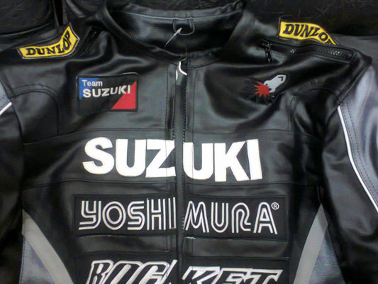 Suzuki Rocket Motorbike Racing Motorcycle  Cowhide Black Leather Jacket