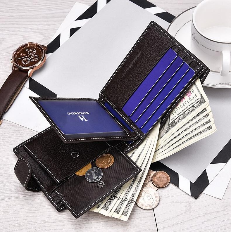 Interior of men's genuine leather short wallet showing card slots and bill compartment