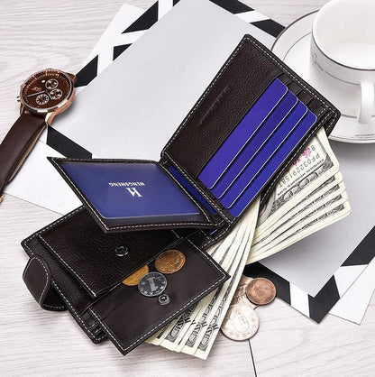 Interior of men's genuine leather short wallet showing card slots and bill compartment