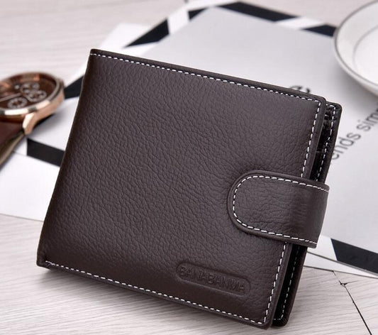 Men's genuine leather slim short wallet, closed front view; Al-Noor Bazaar