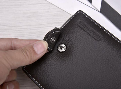 Side profile of men's genuine leather slim wallet showing 1.5 cm slim build
