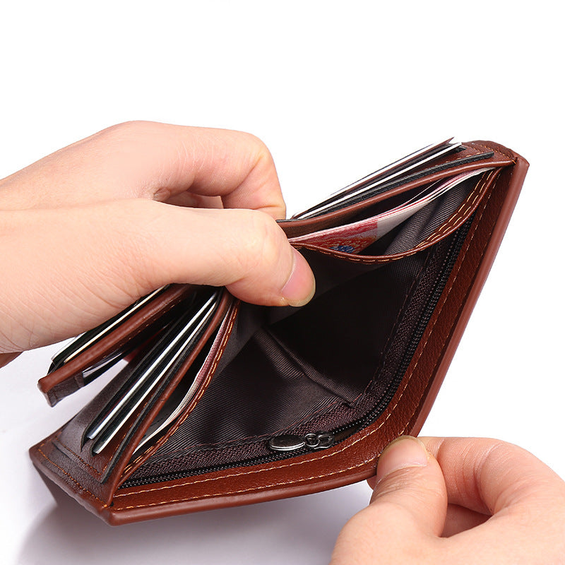 Interior of men's PU leather short wallet showing card slots, bill holder, and zip compartment