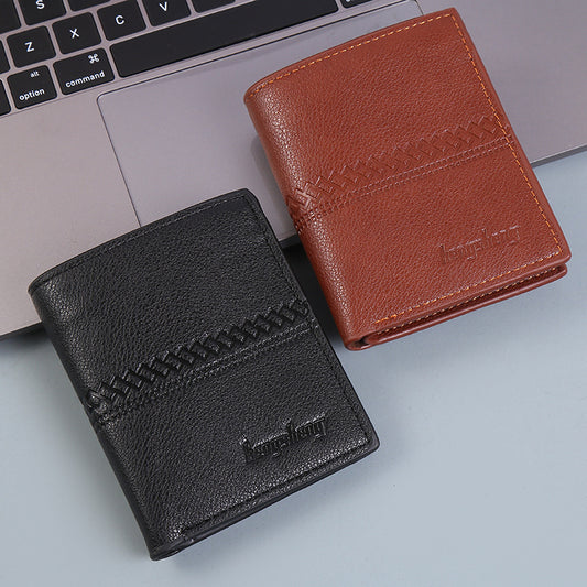 Men's geometric PU leather compact short wallet, closed front view, Al-Noor Bazaar