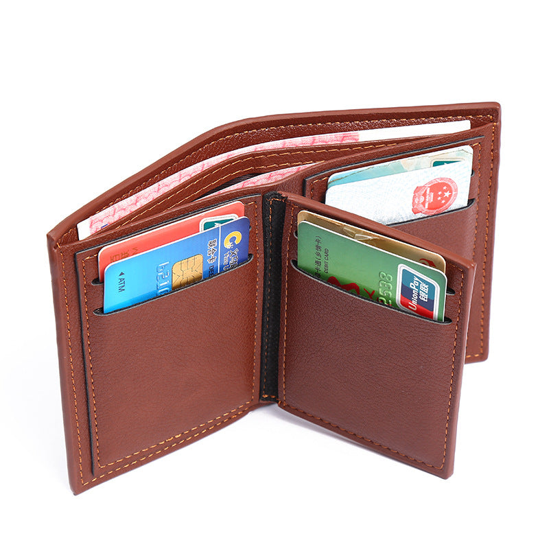 Interior of men's PU leather short wallet showing card slots, bill holder, and zip compartment