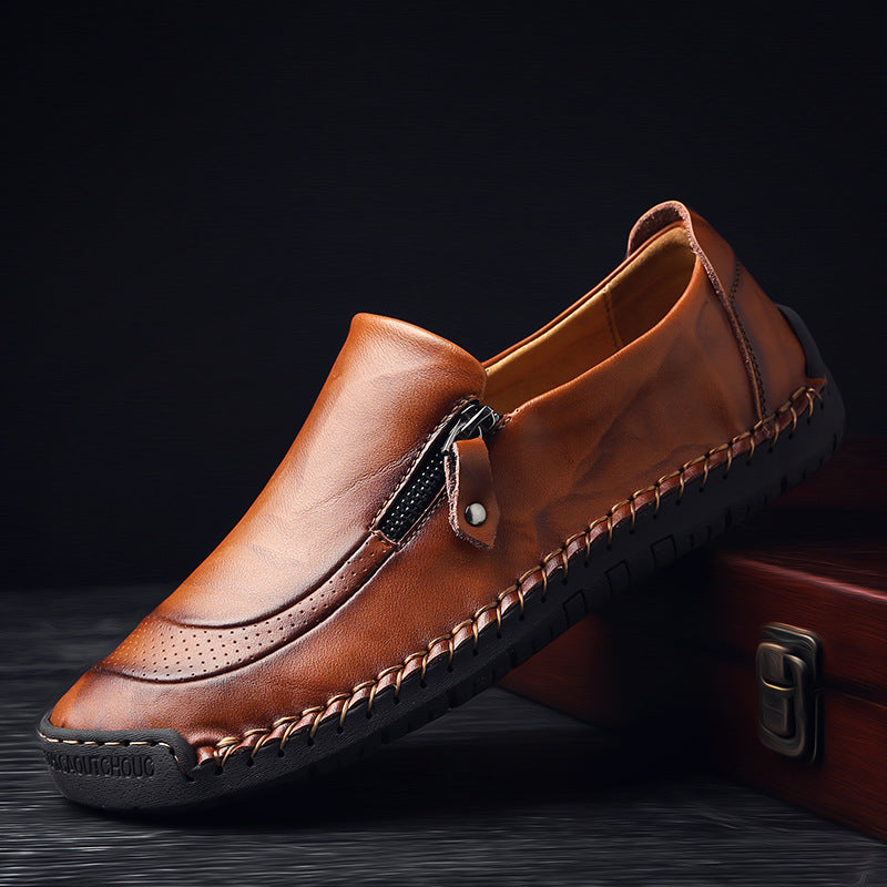 Close-up of durable anti-slip sole on men's casual leather-look flat shoes