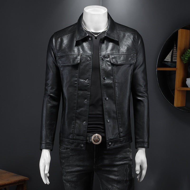 Men's regular fit black leather biker jacket in black with lapel collar, Al-Noor Bazaar