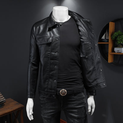 Interior view of men's biker jacket showing polyester fiber lining