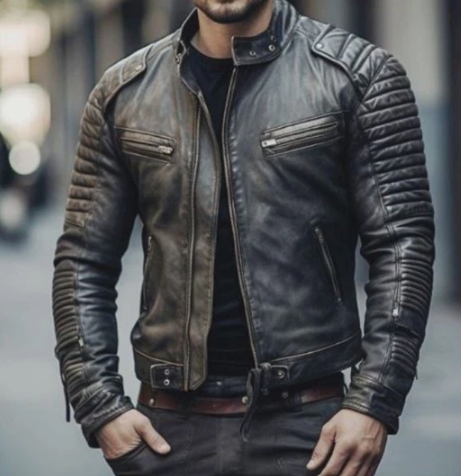 Men's genuine leather biker jacket with embossed back design, front view, Al-Noor Bazaar