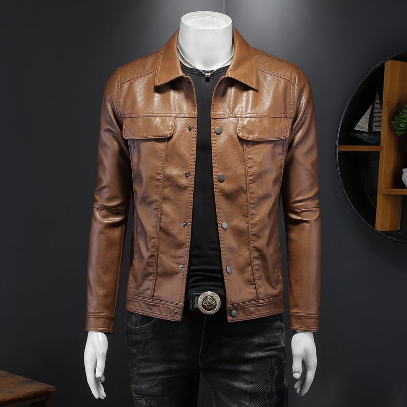 Men's regular fit PU leather biker jacket in black with lapel collar, Al-Noor Bazaar