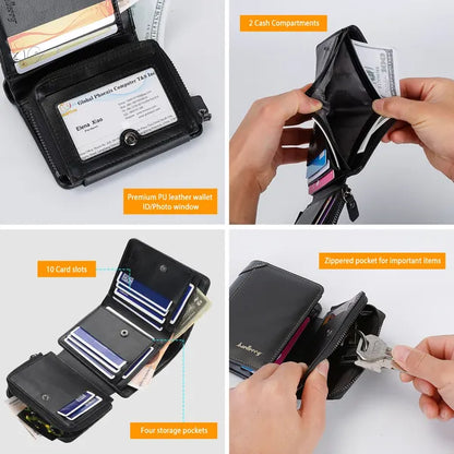Close-up of 14 card slots inside men's PU leather trifold wallet, Al-Noor Bazaar
