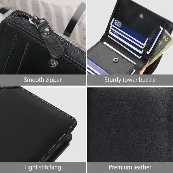 Men's trifold wallet fully open showing 14 card slots, ID window, and coin pocket