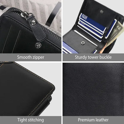 Men's trifold wallet fully open showing 14 card slots, ID window, and coin pocket