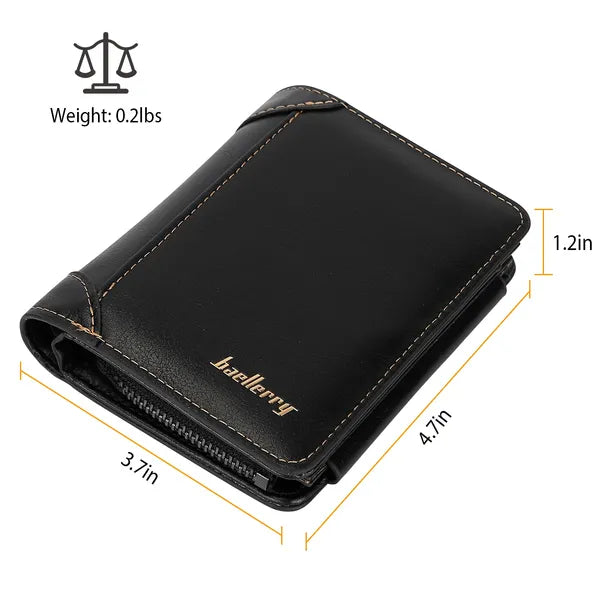 Side profile of men's PU leather trifold wallet showing 1.2-inch compact thickness